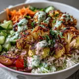 Golden roasted cauliflower florets nestled on a bed of white rice in a Roasted Cauliflower Bowl, garnished with fresh spinach, red onion, and a creamy tahini drizzle.