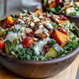 Vibrant vegan kale salad bowl featuring massaged greens, roasted vegetables, and creamy tahini dressing.  