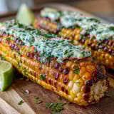 Herb butter-coated BBQ corn in foil, smoky and sweet, garnished with fresh chives and lime.