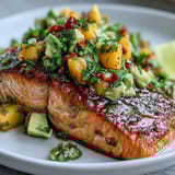 Freshly baked salmon fillet topped with zesty mango avocado salsa, a colorful and healthy summer dinner.  
