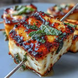 Vibrant grilled skewers showcase golden halloumi, juicy watermelon, and fragrant mint leaves for a refreshing Mediterranean appetizer.  