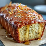 Slices of fragrant lemon lavender cake with honey drizzle, served on a rustic wooden board with fresh lemon wedges.  