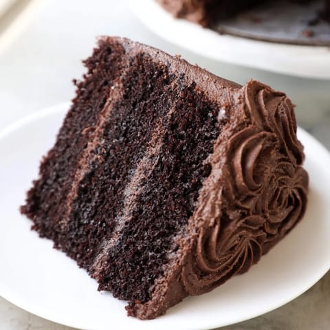 Rich, dark, layered Devils Food Cake, frosted generously and ready for serving with a fork.
