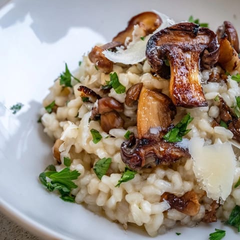 Savory roasted mushroom risotto steams gently beside a glass of white wine, highlighting its rich, cheesy texture and caramelized fungi accents.  