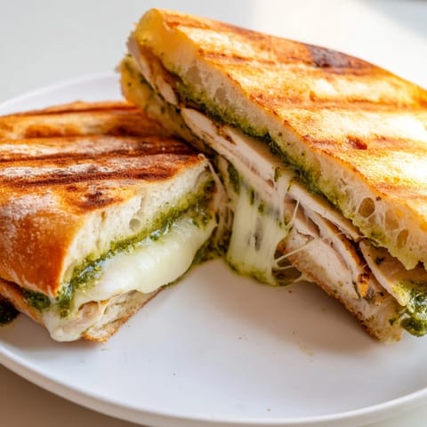 A mouthwatering Chicken Pesto Panini cut in half on a rustic board, showcasing gooey cheese and fresh spinach garnish.  