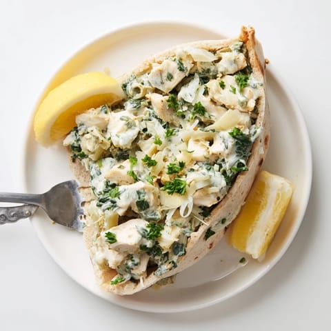 A close-up view of Spinach Artichoke Chicken Stuffed Pita, showcasing creamy spinach and artichoke filling inside fluffy bread.