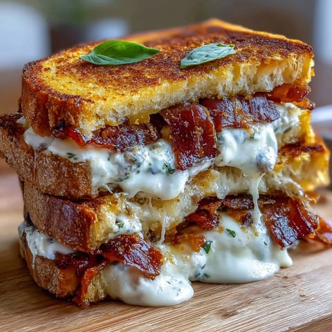 Luxurious crispy prosciutto and burrata grilled cheese, perfectly melted and golden brown.