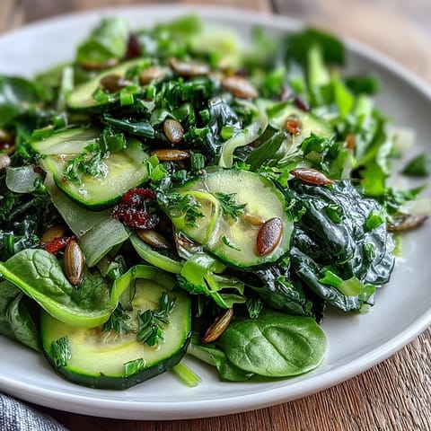 A vibrant Glowing Green Salad topped with green bell pepper, zucchini, parsley, and crunchy pumpkin seeds for serving.