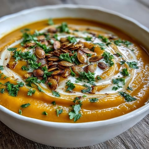 Velvety, warm Butternut Squash Soup garnished with toasted pumpkin seeds and a swirl of creamy coconut milk, perfect for cozy winter meals.