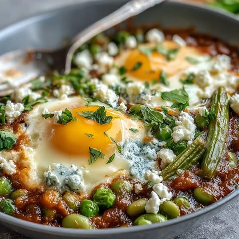 A vibrant pan of Pea and Broad Bean Shakshuka with runny eggs nestled in a spiced tomato and herb sauce, garnished with fresh parsley.  