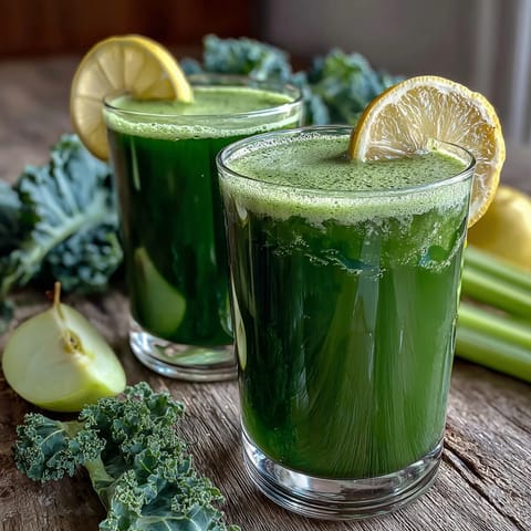 Bright green Cabbage and Kale Detox Juice served over ice in a tall glass.
