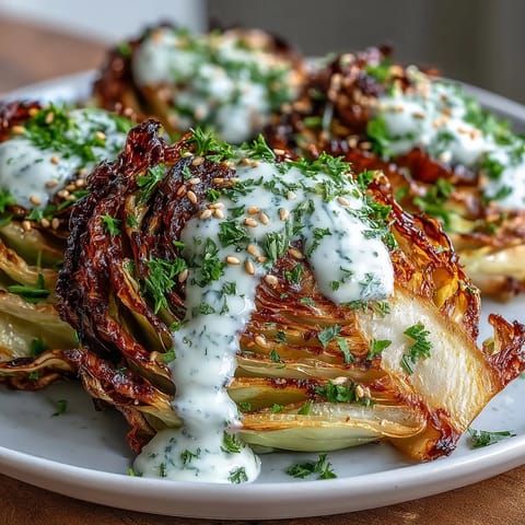 Golden-brown roasted cabbage wedges with crispy edges, generously drizzled with creamy tahini sauce and garnished with fresh parsley and toasted sesame seeds.