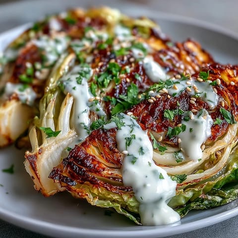 Roasted cabbage wedges on a white platter topped with nutty tahini sauce, a pinch of paprika, and fresh herbs, ready to serve warm.
