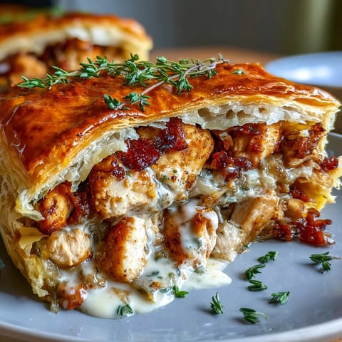 Sliced golden chicken and leek pie shows the rich, creamy filling and flaky crust.