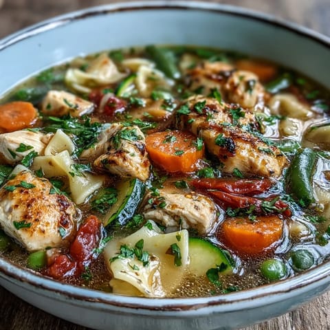 Close-up of hearty pasta soup with tender chicken, carrots, celery, and peas in a rustic bowl.