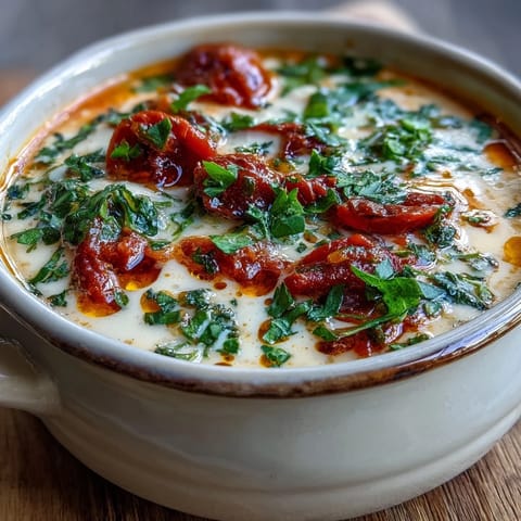 Creamy white bean soup with tomato in a rustic bowl garnished with fresh parsley and crusty bread on the side.  