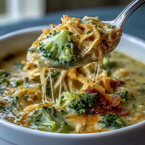 Steam rises from a bowl of Best Chicken Broccoli Cheddar Soup, garnished with fresh herbs. 