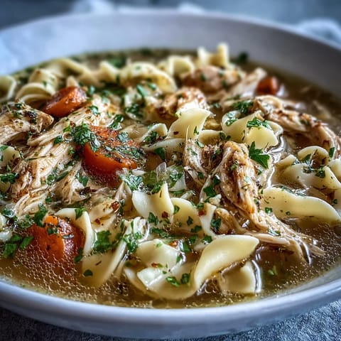 A steaming bowl of classic Chicken and Noodle Soup garnished with fresh parsley and tender shredded chicken in a savory broth.  