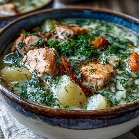 Golden potatoes and carrots soak in the rich, creamy broth of this Finnish Salmon Soup, served in a rustic bowl.