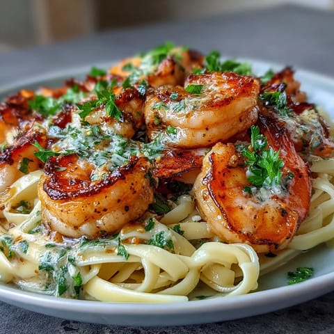 Steaming bowl of Shrimp Scampi With Linguine garnished with fresh parsley and lemon wedges on a rustic table.