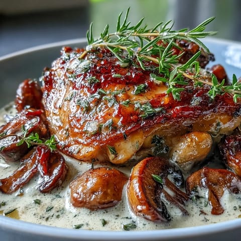 Golden-brown chicken thighs and cremini mushrooms in a glossy Coq au Vin Rosé, served over buttered potatoes.