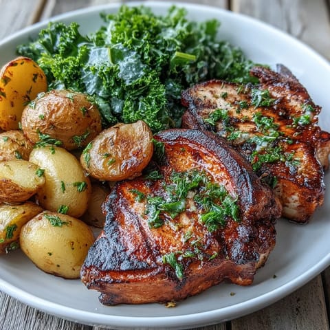 Golden roasted Aleppo Pork Chops with crispy baby potatoes and vibrant sautéed kale.
