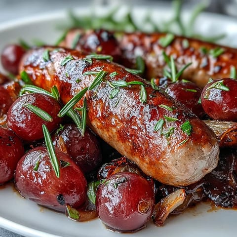 Golden-brown roasted sausages and caramelized red grapes with rosemary from this Roasted Sausage and Grapes recipe, served hot from the oven.