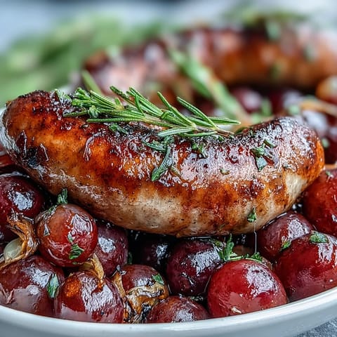 Tender Italian sausages nestled with blistered grapes and red onion wedges, glistening with olive oil on a sheet pan.