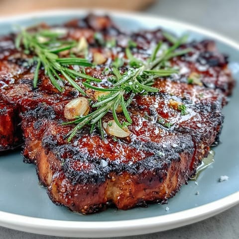 Juicy, medium-rare rib eye with charred edges rests before being sliced alongside lemon wedges.