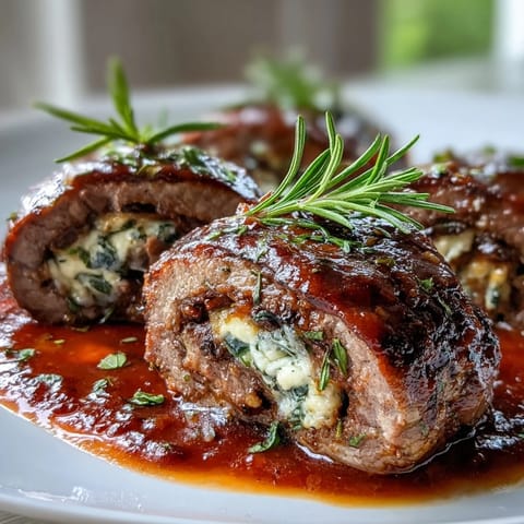 Sliced Sicilian-Style Braciole served over pasta, drizzled with savory tomato sauce and melted pecorino cheese.