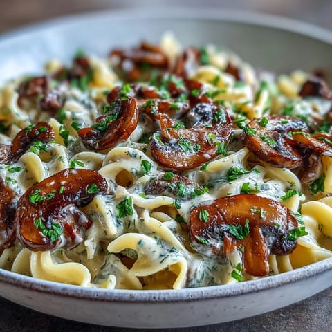 A skillet of Creamy Mushroom Stroganoff featuring sautéed mushrooms and a rich, luscious sauce ready for a weeknight dinner.
