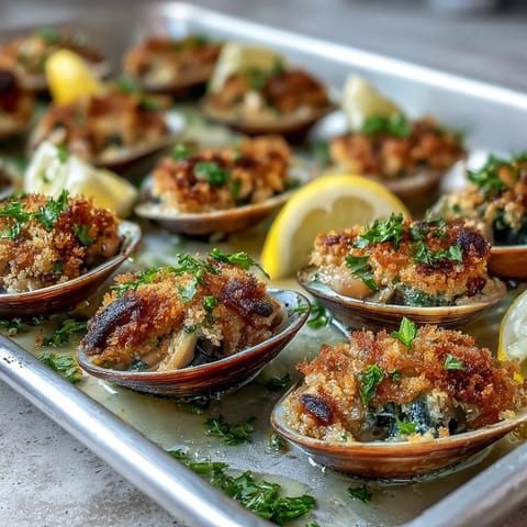 Savory Roasted Clams With Lemony Panko served on a tray with fresh lemon wedges.