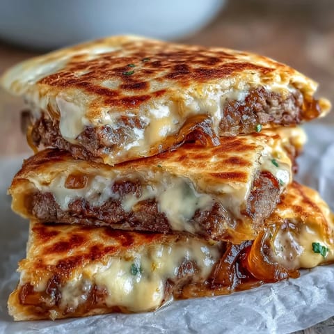 Overhead view of Cheesy Griddled Smashburger Quesadillas with a side of pickles and fresh cilantro, highlighting the crispy, golden-brown texture.