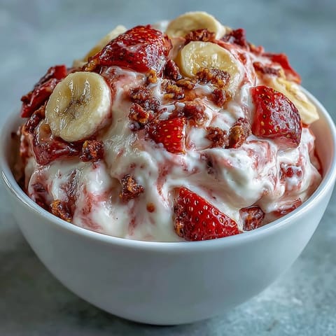 Frozen Strawberry & Banana Yoghurt Clusters on a baking sheet, featuring a creamy swirl of Greek yogurt with honey, crunchy freeze-dried strawberries, and banana chips.