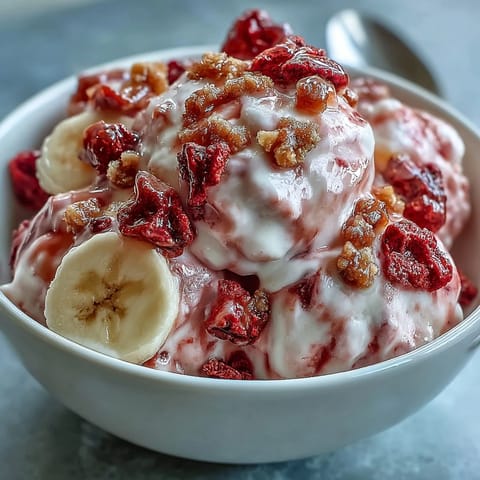 A close-up of easy Strawberry & Banana Yoghurt Clusters, showing a marbled texture with chunks of fruit and a drizzle of honey.