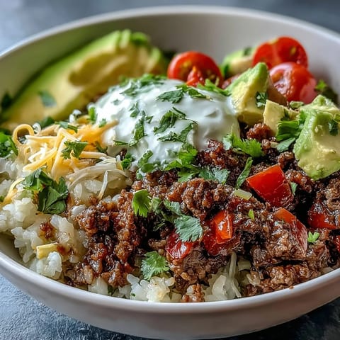 A vibrant Low Carb Burrito Bowl features crisp romaine, juicy tomatoes, and shredded cheddar topped with sour cream.