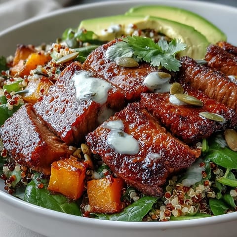 Golden roasted butternut squash steak bowls feature fluffy quinoa, creamy avocado, and smoky sliced steak, all drizzled with a bright lime-cilantro dressing.