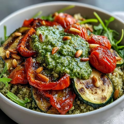 Bright, vibrant Arugula Pesto Bowl with fluffy quinoa, roasted zucchini, and tomatoes, topped with shaved Parmesan.