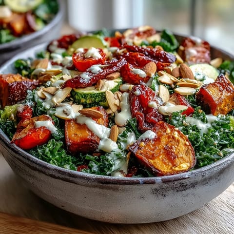 Colorful kale salad bowl with roasted sweet potato, bell peppers, and zucchini, topped with crunchy nuts and seeds.  