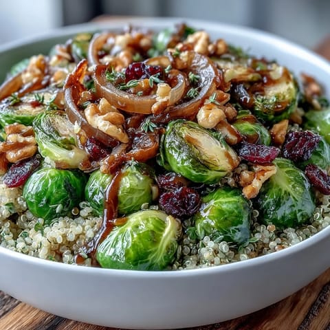 Golden-brown roasted Brussels sprouts and onions piled on fluffy quinoa in a white ceramic bowl, drizzled with glossy balsamic dressing and topped with nuts and cranberries.