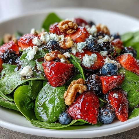 Fresh spinach and berry salad bowl with creamy goat cheese, crunchy nuts, and tangy balsamic vinaigrette.  