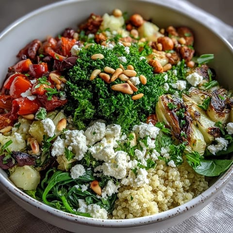 A colorful grain bowl with sautéed spinach, creamy feta, and fresh vegetables, drizzled with zesty lemon dressing.  