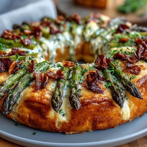 A golden puff pastry tart topped with tender asparagus, creamy cheese, and fresh herbs for a springtime appetizer.