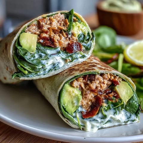 Fresh avocado tuna wraps with baby spinach, creamy and protein-rich for a quick healthy meal.  