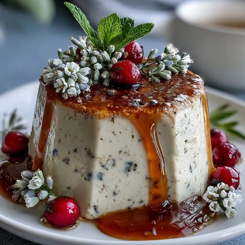 Silky honey lavender panna cotta with floral notes, garnished with edible blossoms and a drizzle of golden honey.