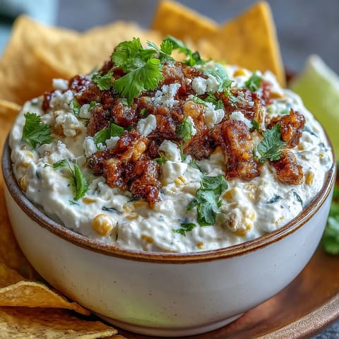 Creamy Elote Dip with Tortilla Chips, a zesty Mexican appetizer with charred corn and cotija cheese, served with crispy chips.