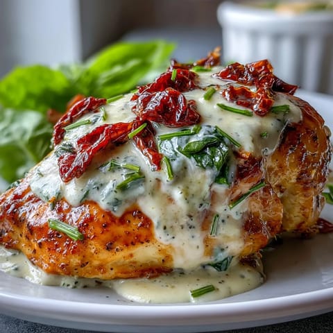 Creamy Tuscan Chicken with Sun-Dried Tomatoes in a rich Parmesan sauce, served with wilted spinach and fresh basil.