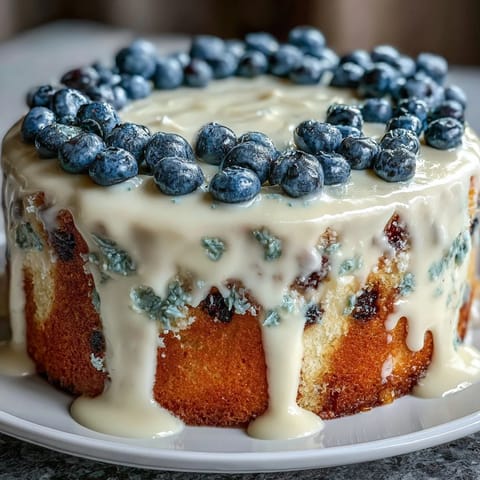 Moist lemon blueberry layer cake topped with smooth cream cheese frosting and garnished with fresh berries and edible flowers.  