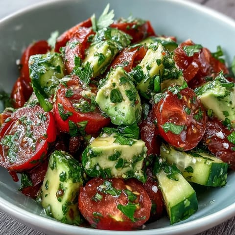 Vibrant cucumber tomato avocado salad with lemon dressing, a refreshing and colorful dish perfect for summer gatherings.  