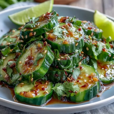 Crunchy smashed cucumbers tossed in garlicky chili oil with sesame and soy dressing.  